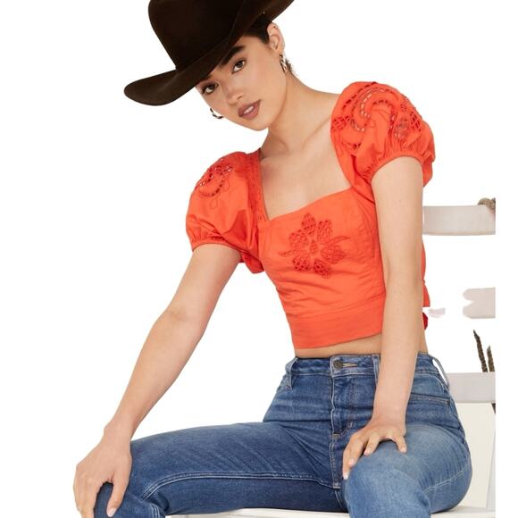 Band of the Free Tie Back Short Sleeve Entrada Top Orange S - Picture 2 of 15